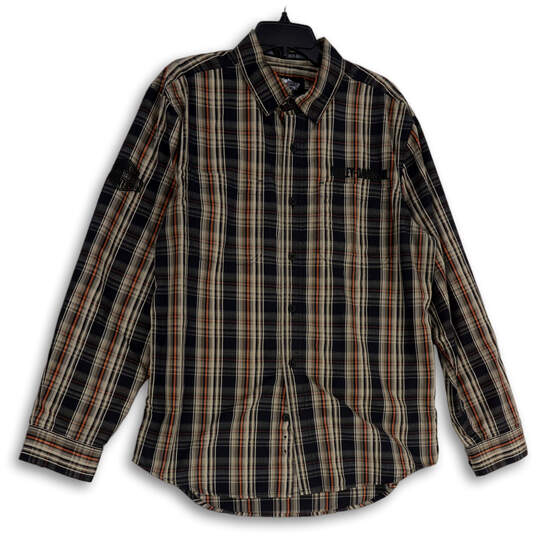 Mens Brown Black Plaid Spread Collar Long Sleeve Button-Up Shirt Size L image number 1