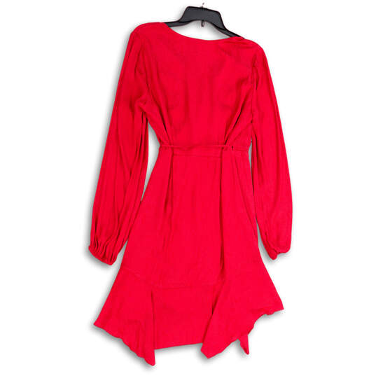 NWT Womens Red Balloon Sleeve V-Neck Asymmetrical Hem Wrap Dress Size M image number 4