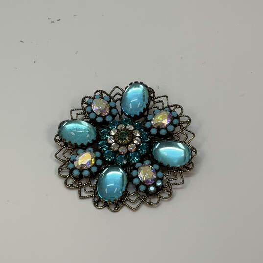 Designer Liz Palacios Gold-Tone Rhinestone Turquoise Crystals Brooch Pin image number 2