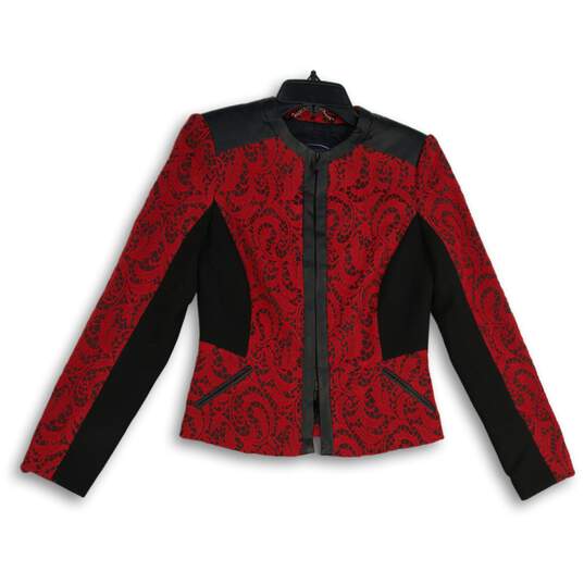 Womens Red Black Paisley Long Sleeve Welt Pocket Full-Zip Jacket Size 6 image number 1