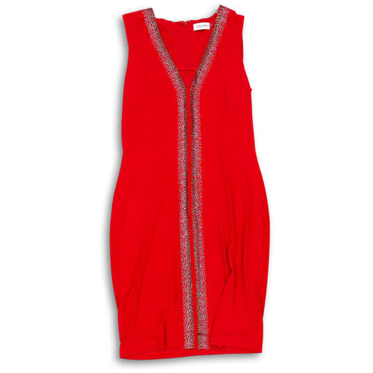 Womens Red Beaded Stretch Sleeveless V-Neck Back Zip Sheath Dress Size 10 image number 1