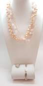 Romantic 925 Rose Quartz Pearl & Pink Crystal Bead Necklace Inspirational Bracelet & CZ Ring 136.2g image number 1