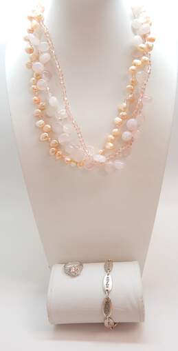 Romantic 925 Rose Quartz Pearl & Pink Crystal Bead Necklace Inspirational Bracelet & CZ Ring 136.2g
