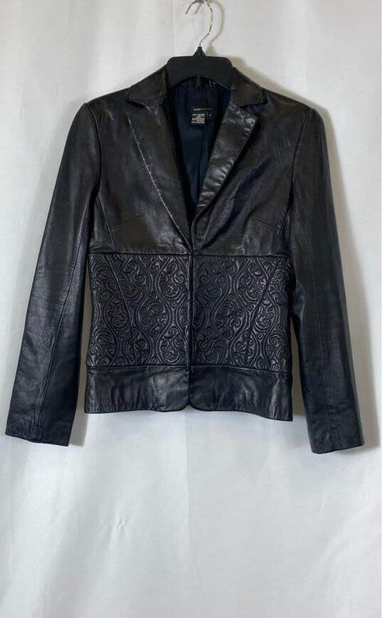 BCBGMAXAZRIA Womens Black Leather Long Sleeve Embroidered Blazer Jacket Size 2 image number 1