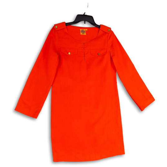 Womens Orange Long Sleeve Keyhole Neck Knee Length Shift Dress Size 2 image number 1