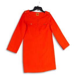 Womens Orange Long Sleeve Keyhole Neck Knee Length Shift Dress Size 2