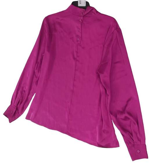 Womens Purple Long Sleeve Stand Collar Button Up Blouse Top Size Large image number 5