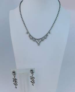 Vintage Silvertone Icy Rhinestones Chain Necklace & Dangle Drop Screw Back Earrings 26.5g