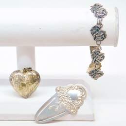 Vintage 925 Rose Bracelet Scroll Heart Pendant & Towle Floral Bookmark 34.7g