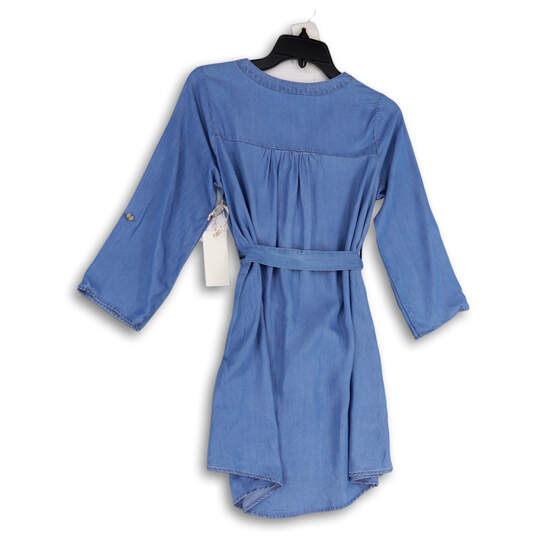 NWT Womens Blue V-Neck Long Sleeve Belted Denim Shift Dress Size Small image number 2