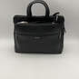 Womens Black Leather Outer Pockets Adjustable Strap Laptop Messenger Bag image number 1