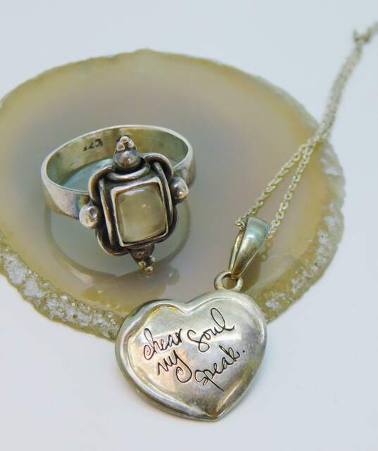 Milor Shawn Killinger & Artisan 925 Hear My Soul Speak Heart Pendant Cable Chain Necklace & Chalcedony Cabochon Granulated Pointed Ring 13.3g image number 1