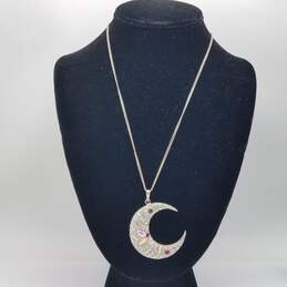 Mexico Sterling Silver Crystals Rhinestone Crescent Moon 19 1/2" Necklace 15.1g