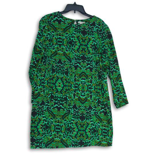 H&M Womens Green Black Batik Print Long Sleeve Back Key Hole Shift Dress Size 10 image number 1