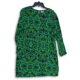 H&M Womens Green Black Batik Print Long Sleeve Back Key Hole Shift Dress Size 10