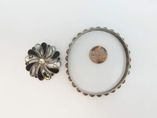 Taxco Mexico 925 Modernist Domes Bangle & Abalone & Enamel Flower Pendant Brooch image number 9