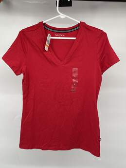 Womens Red Cotton Blend V Neck Pullover T-Shirt Size Small T-0488819-F