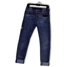 Womens Blue Denim Embroidered Stretch Pockets Cuffed Skinny Jeans Sz 29/30