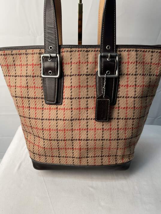 Certified Authentic Coach Tan/Red/Brown Wool Like Fabric Tote Bag image number 3