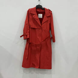 Womens Red Notch Lapel Long Sleeve Belted Button Up Trench Coat