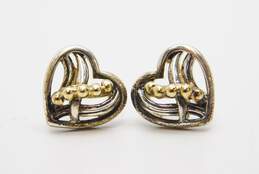 Lagos 925 & 18K Gold Granulated & Lines Open Heart Post Earrings 3.2g