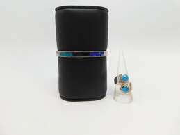 Taxco Mexico 925 Modernist Faux Turquoise Lapis & Onyx Cabochons Bypass Band Ring & Inlay Hinged Bangle Bracelet 34.7g
