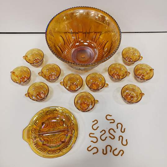 Yellow/Amber Iridescent Glass Punch Bowl Set image number 3