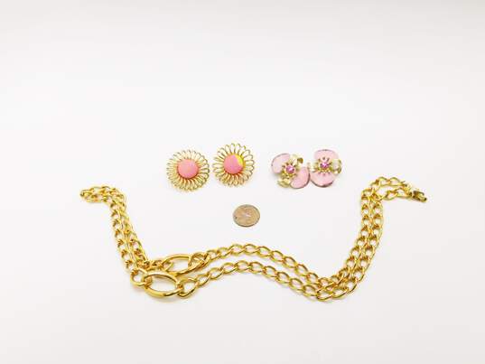 Vintage Emmons Napier & Fashion Pink & Gold Tone Clip-On Earrings & Chain Necklace 87.3g image number 8