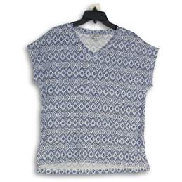 Womens Blue Aztec V-Neck Short Sleeve Pullover Blouse Top Size Medium