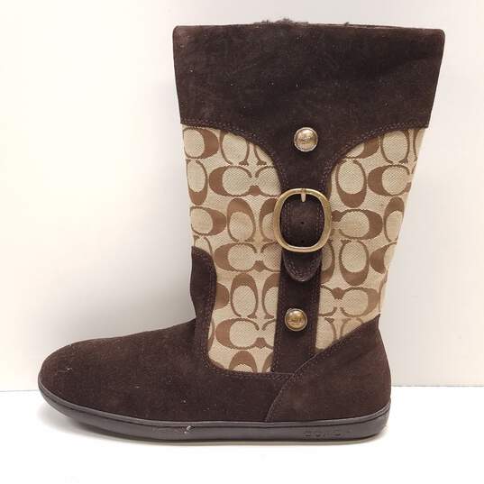 Coach Jacquard Suede Monogram Boots Beige Brown 10 image number 1