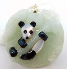 14K Gold Bail Carved Jade Onyx & Mother of Pearl Panda Climbing Bamboo Circle Statement Pendant 17.7g