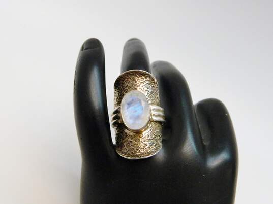 Artisan PTI India 925 Moonstone Faceted Oval Ridged Stamped Saddle Knuckle Ring 12.7g image number 2