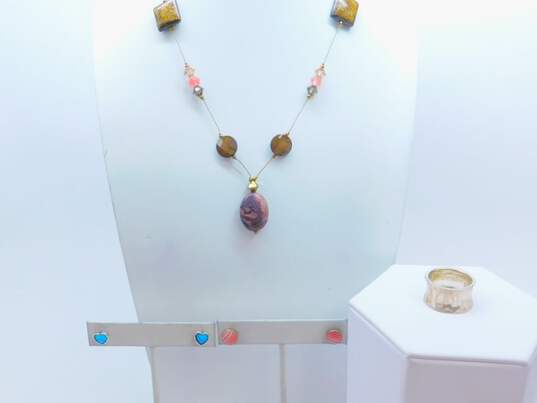 Artisan 925 Jasper Bronzite Rose Quartz & MOP Beaded Necklace Blue Opal Heart & Rhodochrosite Earrings & Hammered Wide Band Ring 27.6g image number 1