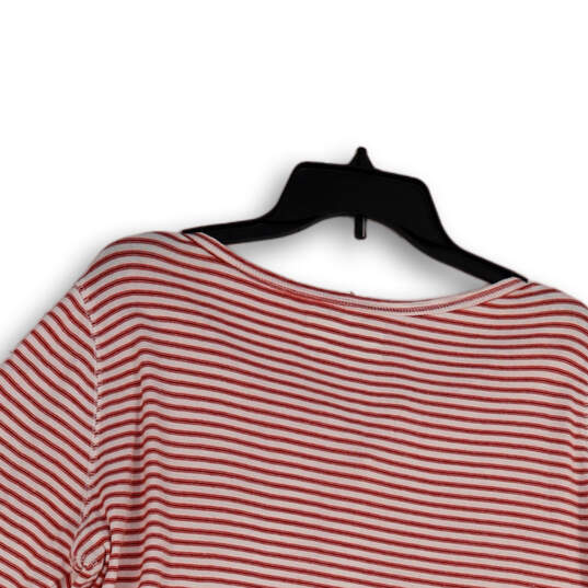 Womens Red White Striped 3/4 Sleeve Split Neck Pullover T-Shirt Size XL image number 4