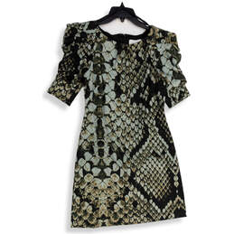 Womens Green Black Animal Print Round Neck Back Zip Shift Dress Size 8