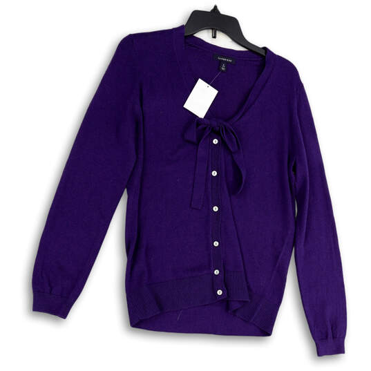 NWT Womens Purple Knitted Long Sleeve Tie Front Cardigan Sweater Size S 6-8 image number 1