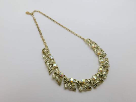 Vintage Coro Goldtone Aurora Borealis Rhinestones Textured Panels Necklace Clip On Earrings & Bracelet Set 96.3g image number 4