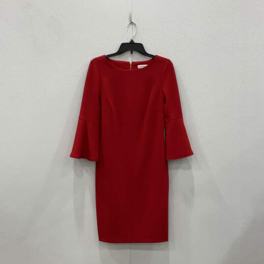 Womens Red Bell Sleeve Round Neck Back Zip Classic Sheath Dress Size 8 image number 2