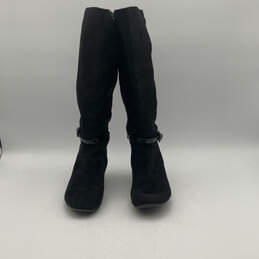 Womens Black Suede Tall Knee Buckle Strap High Wedge Heel Bootie Boots Sz 7 alternative image
