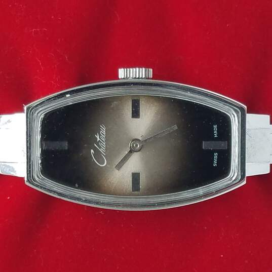 Chateau Silver Tone Brown Dial Manual Wind Hinged Vintage Bracelet Watch image number 1