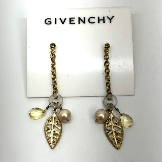 Designer Givenchy Gold-Tone Leaf Shape Green Rhinestone Drop Earrings image number 1