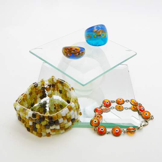 Artisan 925 Art Glass Orange Evil Eye & Brown Beaded Bracelets & Flower Glass Rings 57g image number 1