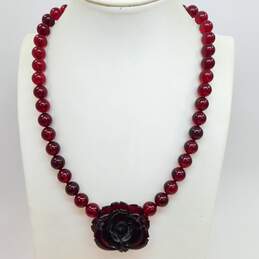 Hotcakes Design Red Lucite Carved Flower Pendant Ball Bead Necklace 64.1g alternative image