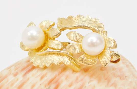 Scalle 14K White Pearls Brushed Textured Flowers & Leaves Brooch 3.9g image number 3