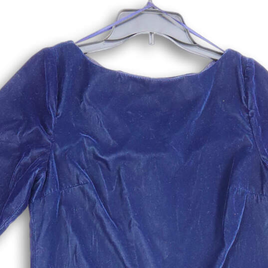 Womens Blue Velvet Round Neck 3/4 Sleeve Back Zip Shift Dress Size 6 image number 3