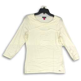 Womens White Long Sleeve Round Neck Front Cut Out Pullover Sweater Size M