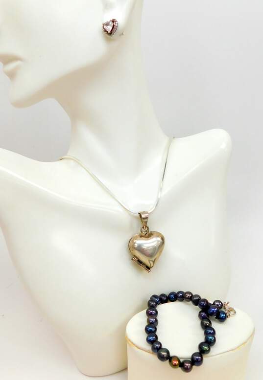 Romantic 925 Sterling Silver CZ Heart Stud Earrings Heart Pendant Necklace & Pearl Bracelet 27.4g image number 1