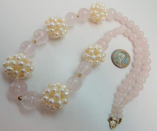 Zoe B 14K Gold Rose Quartz & Freshwater Pearl Cluster Graduated Ball Beaded Necklace 67.8g image number 3