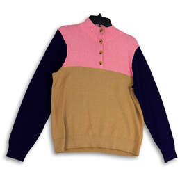 Womens Multicolor 1/4 Button Mock Neck Tight-Knit Pullover Sweater Size L