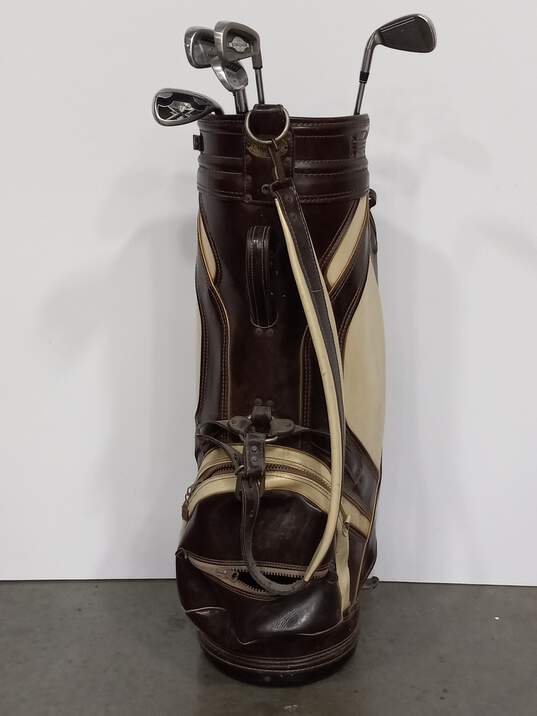 Burton Leather Brown Golf Bag & 5 Assorted Golf Clubs image number 7